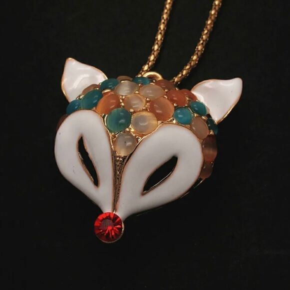 Crystal Multicolor Cat Eye Enamel Fox Head Pendant Necklace NWOT - Picture 4 of 4